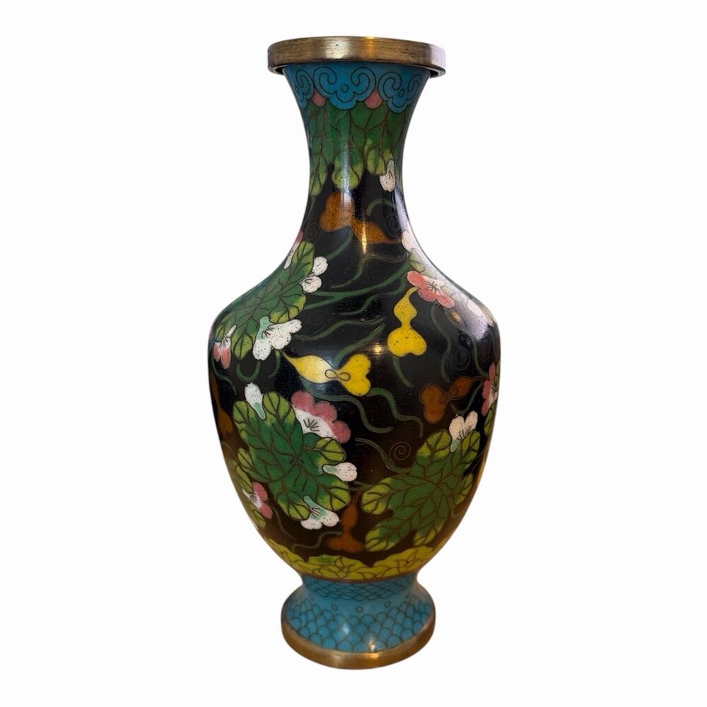 Vintage Chinese Cloisonne Enamel Brass Vase Black Green Blue Mid Century 6.5"
